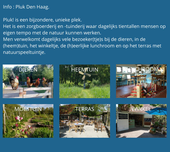 Info : Pluk Den Haag.  Pluk! is een bijzondere, unieke plek. Het is een zorgboerderij en -tuinderij waar dagelijks tientallen mensen op eigen tempo met de natuur kunnen werken. Men verwelkomt dagelijks vele bezoeker(tje)s bij de dieren, in de (heem)tuin, het winkeltje, de (h)eerlijke lunchroom en op het terras met natuurspeeltuintje. DIEREN HEEMTUIN LUNCHROOM MOESTUIN  TERRAS WINKEL
