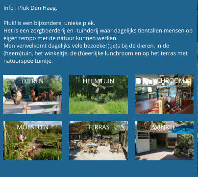 Info : Pluk Den Haag.  Pluk! is een bijzondere, unieke plek. Het is een zorgboerderij en -tuinderij waar dagelijks tientallen mensen op eigen tempo met de natuur kunnen werken. Men verwelkomt dagelijks vele bezoeker(tje)s bij de dieren, in de (heem)tuin, het winkeltje, de (h)eerlijke lunchroom en op het terras met natuurspeeltuintje. DIEREN HEEMTUIN LUNCHROOM MOESTUIN  TERRAS WINKEL
